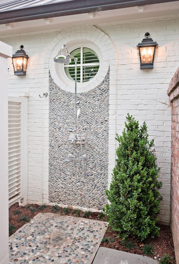 Outdoor Shower with Pebble Wall. 