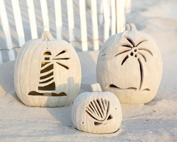 Beach Pumpkins: Carved With Coastal Motif And Covered With Sand. 