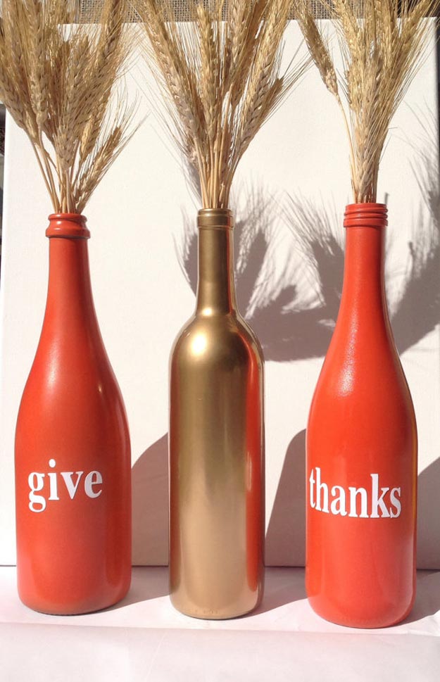Painted Wine Bottles Fall Decoration. 