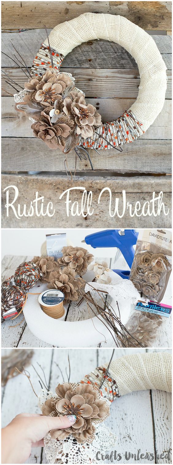 Rustic Burlap & Yarn Fall Wreath. 