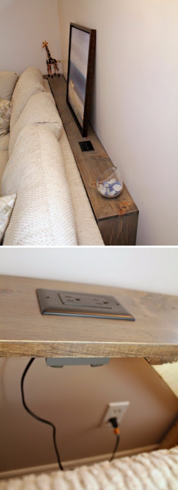 This DIY Sofa Table Behind Built-In Outlets Allows You Plug In Your Electronics Easily. 