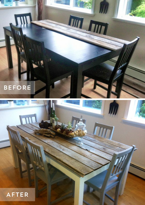 Rustic Dining Table and Chairs Makeover Using Paint And Plank Wood. 