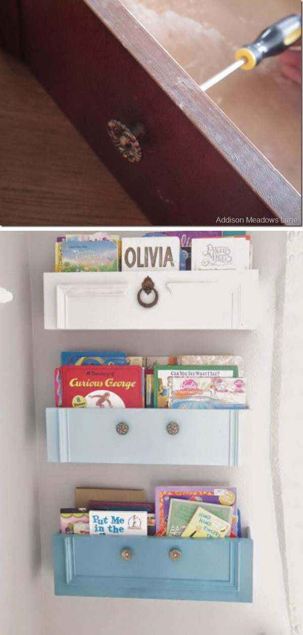 Upcycled Dresser Drawers Into Shelves. 