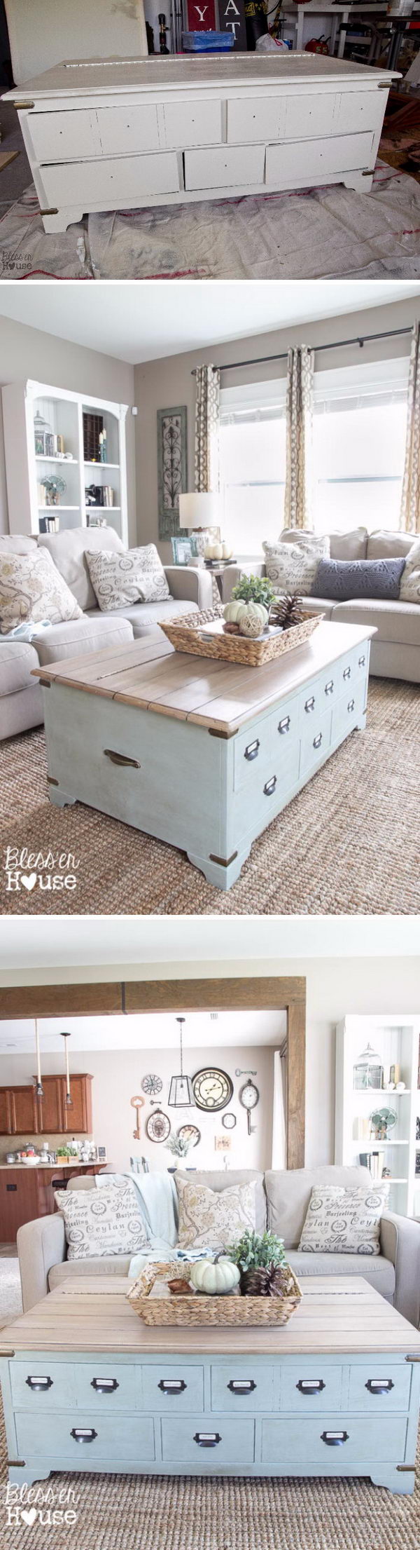 $50 Faux Planked Coffee Table Makeover from a Trunk Coffee Table. 
