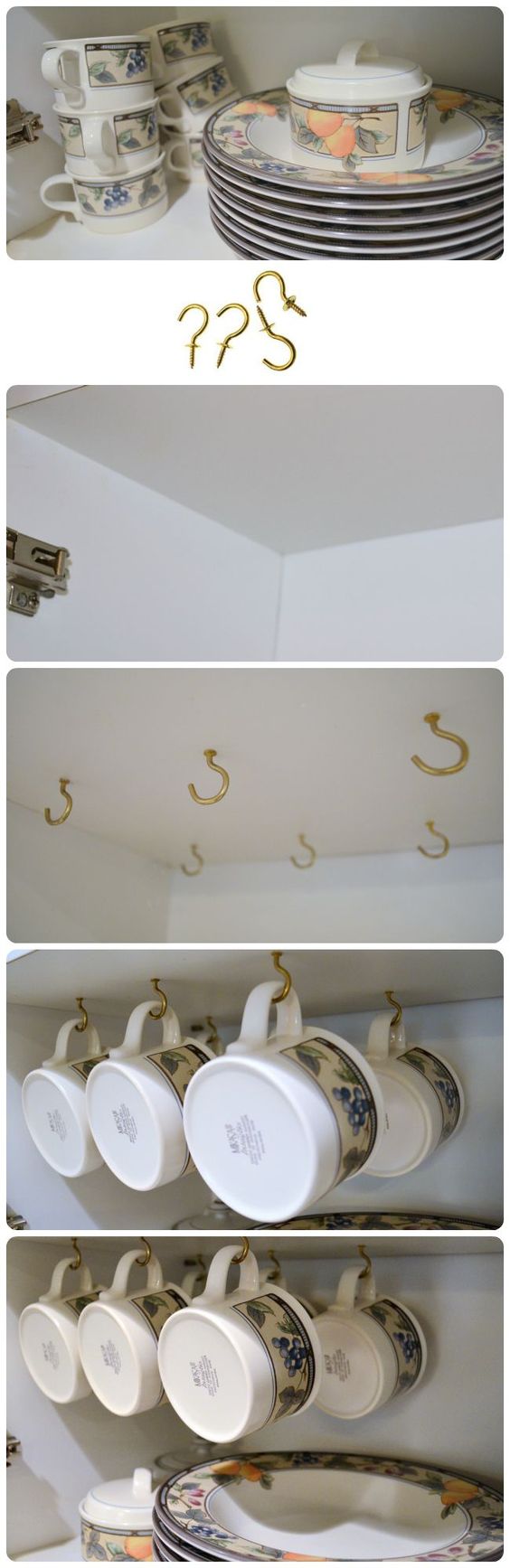  Neaten Up Your Cupboards and Save Space by Hanging Hooks for Your Mugs. 