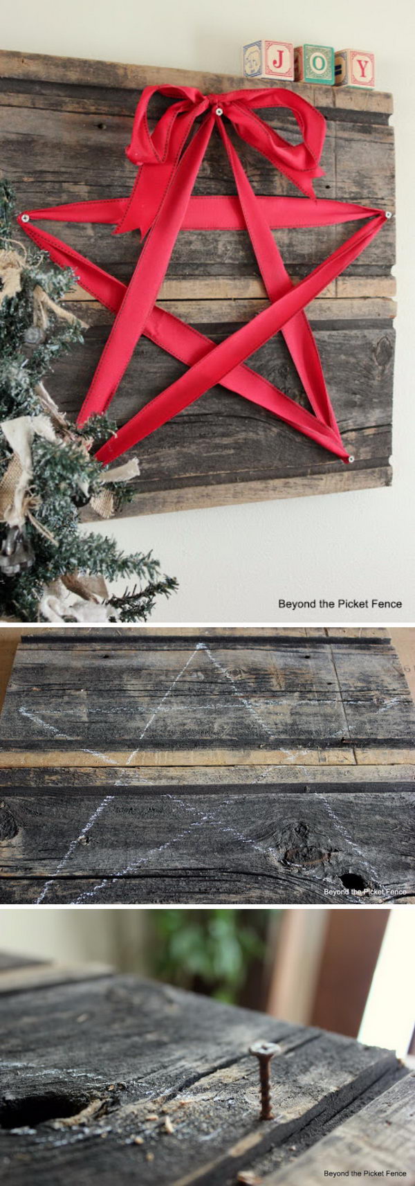 DIY Rustic Christmas Star Decoration With Red Ribbon and Recycled Wood  . 
