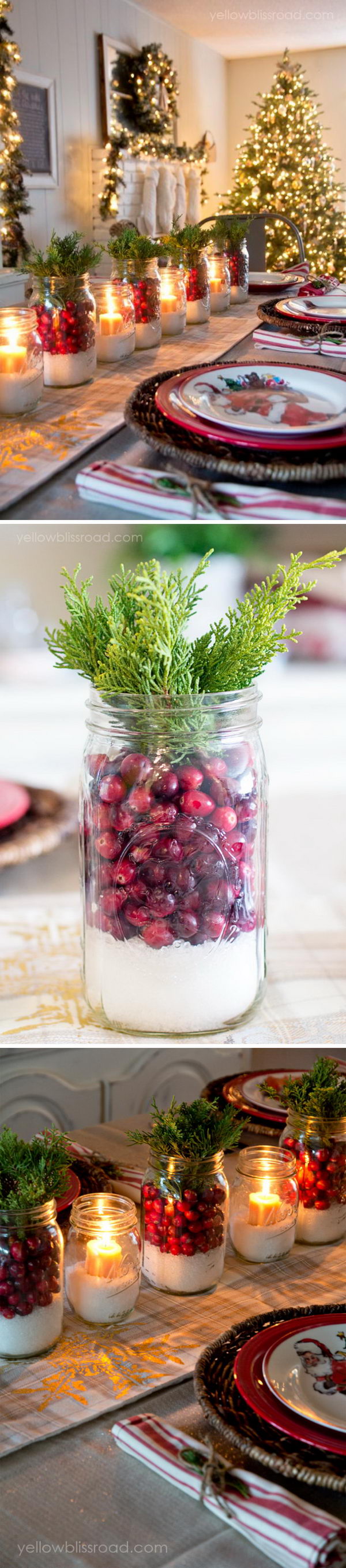 DIY Snowy Cranberry Mason Jar Centerpieces. 