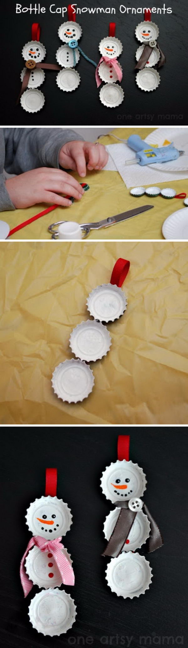 DIY Bottle Cap Snowmen Ornament. 
