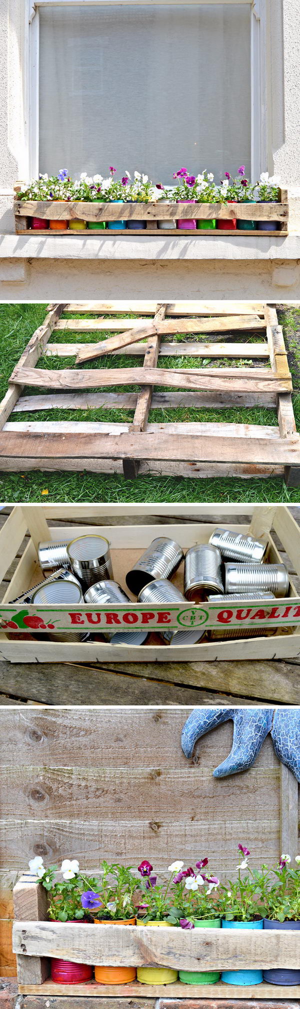Pallet Holder with Colourful Tin Can planters. 