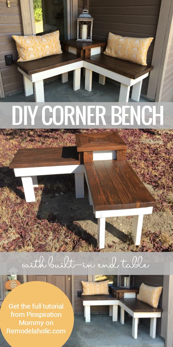 DIY Bench With Built-in Table for Displaying Decor in The Corner of The Porch. 