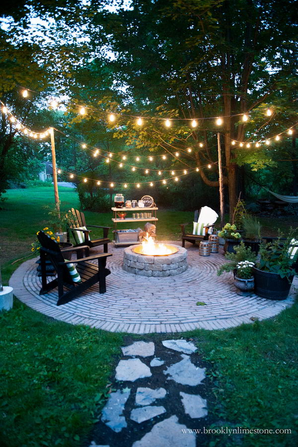 String Lights for a Country Cottage DIY Circular Firepit Patio. 