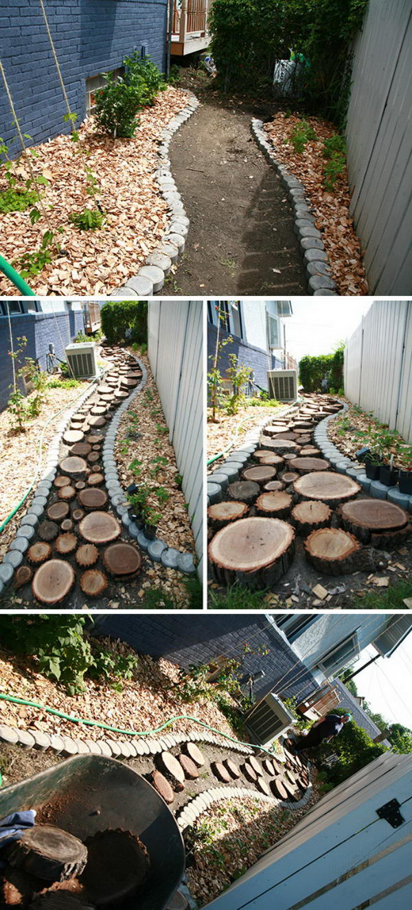 Recycled Wood Slice Garden Pathway. 