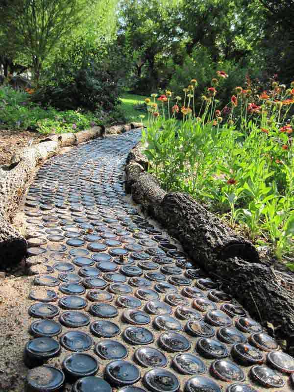 Garden Pathway Made from Wine Bottles. 