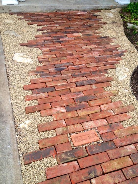 Brick Paver Pathway with Rocks Edged in Gravel. 