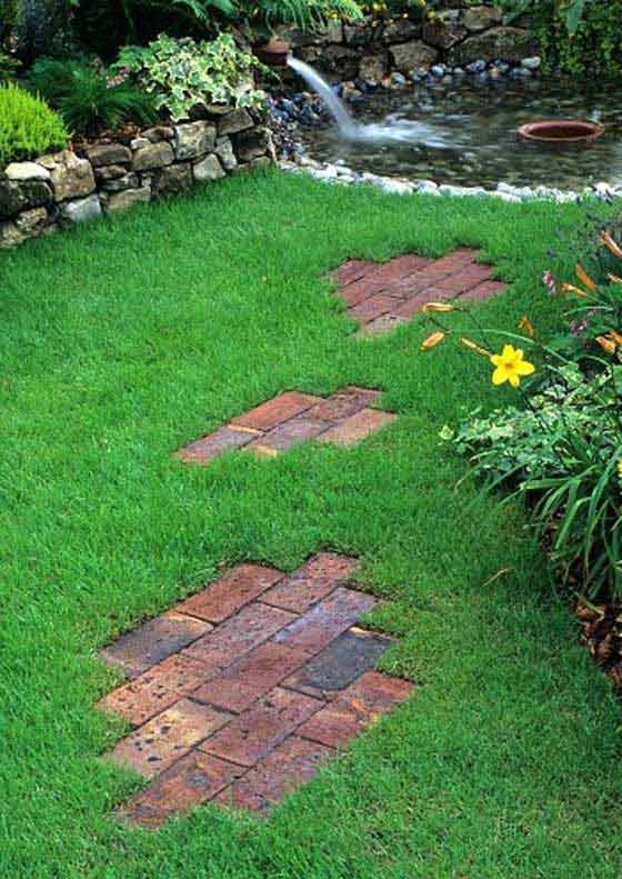 Decorative Brick Path Across Lawn . 