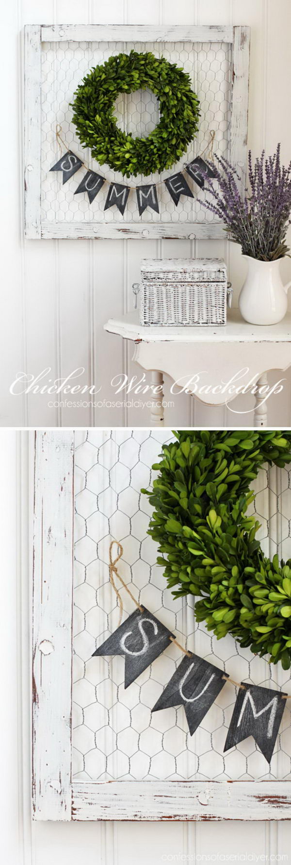 A Frame of Chicken Wire Makes a Perfect Backdrop for a Wreath. 
