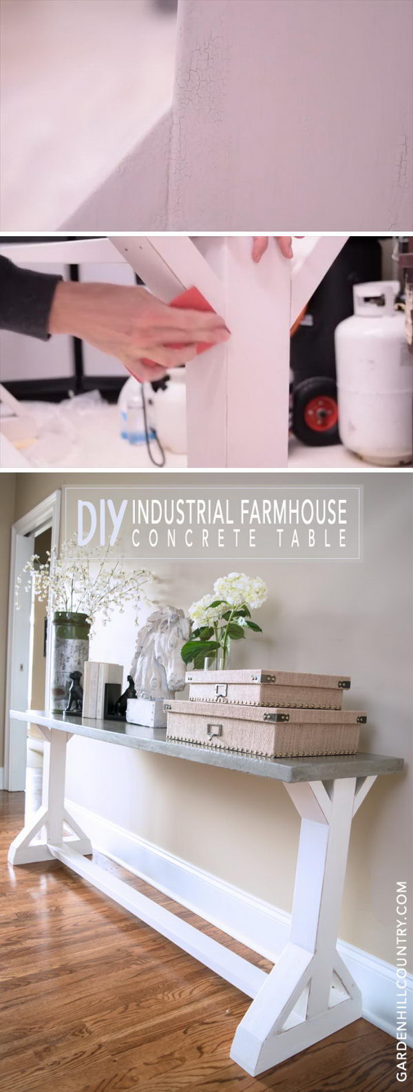 Milk Painted Industrial Farmhouse Console Table. 