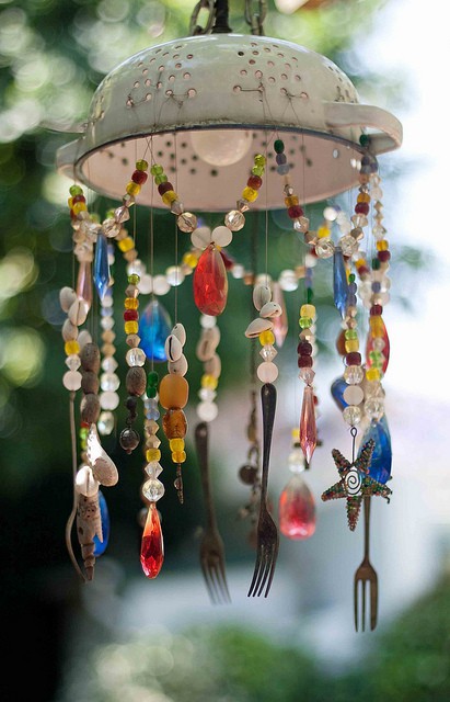 DIY Wind Chime from a Kitchen Colander, Some Silverware, Beads and Shells. 