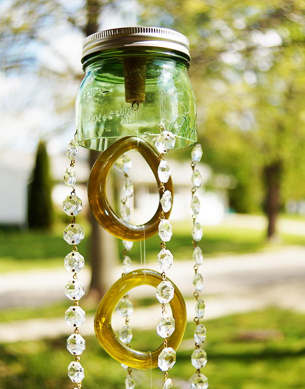 Green Mason Jar and Recycled Wine Bottle Wind Chimes. 