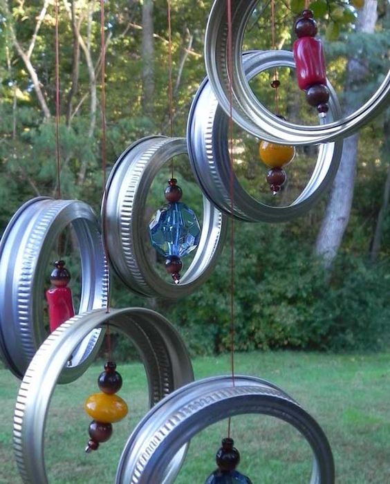 Wind Chime Made With Mason Jar Lid Rings. 