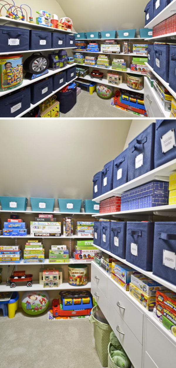 Arrange Storage Boxes With Labels On Open Shelves For Holding Kids' Toys. 
