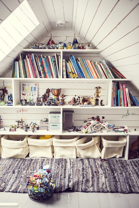 Create a Wall Library to Store and Display Your Child's Books in the Attic Room. 