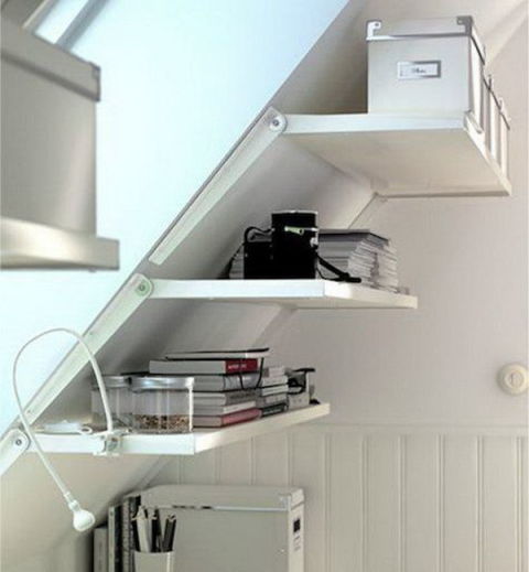 Use Storage Shelves on Sloping Wall for Attic Home. 