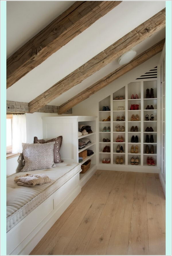 Build Shoe Cubbies in Slanted Walls and Window Seat with Bookshelf at One End. 