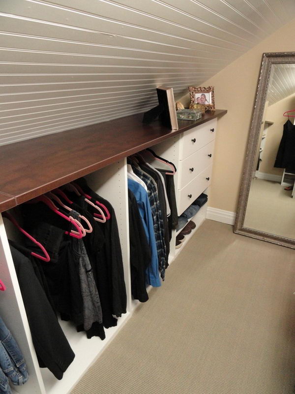 Build An Attic Closet on The Lower part with Shelves and Drawer At The End Of The System. 