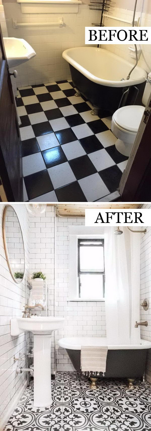 Keeping The Walls White Prevents The Black and White Retro Floor Tile from Feeling Busy. 