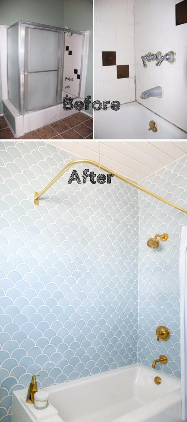 Bathroom Renovation with Gorgeous Blue Scale Tile and Golden Details. 