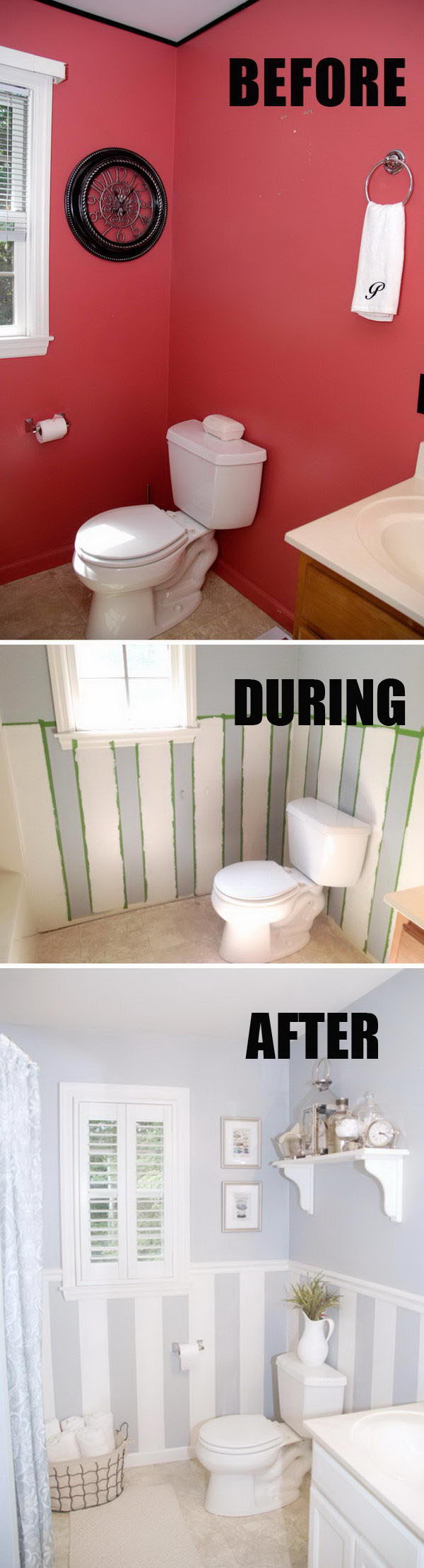 Painted Bathroom Makeover with DIY Wall Stripes. 