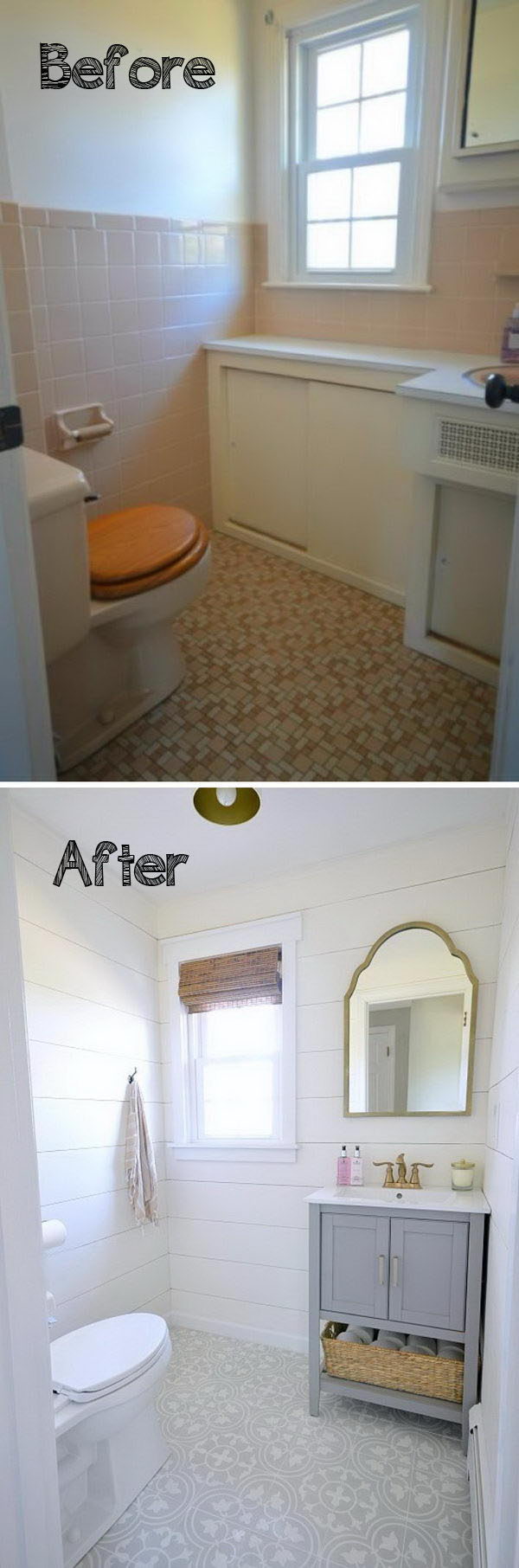 Allow The Bold Patterned Floor and The Gray Vanity to Stand Out with White Shiplap Walls Which Look Clean. 