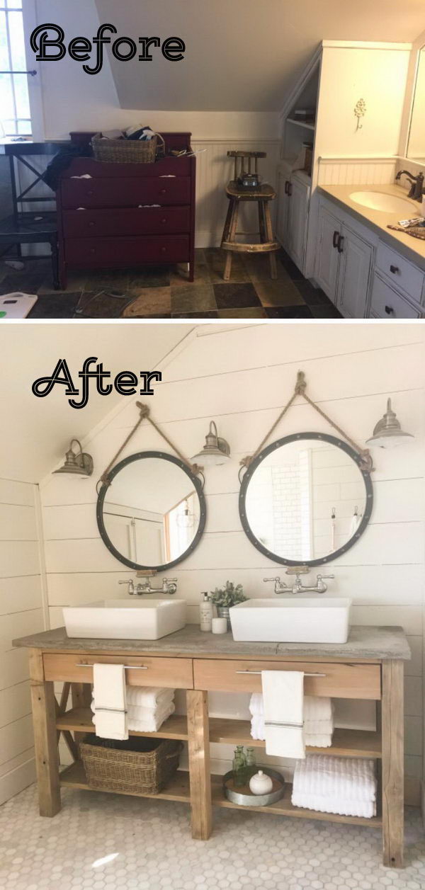 A Nature-Feel Bathroom Makeover With White Shiplap Wall And Wood Vanity. 