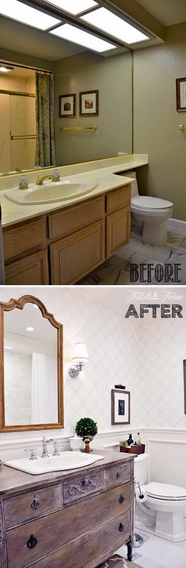 Farmhouse Bathroom Renovation with Wooden Antique Vanity Adding Warmth and Wallpaper Creating The Look of Classic . 