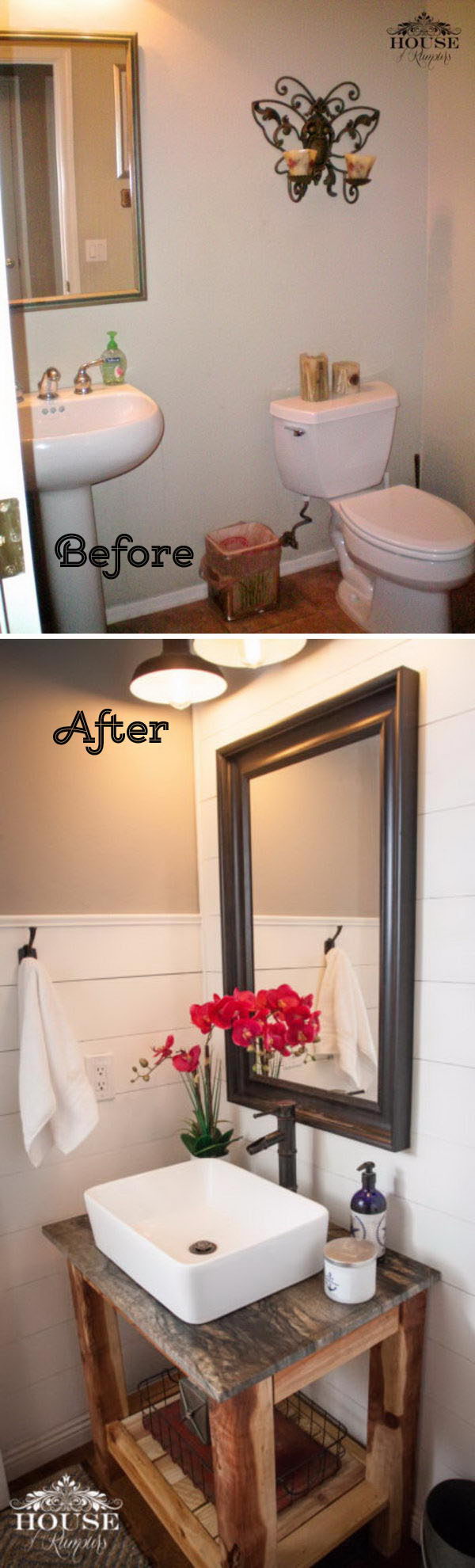 Powder Room Makeover With Shiplap Walls And A DIY Vanity. 