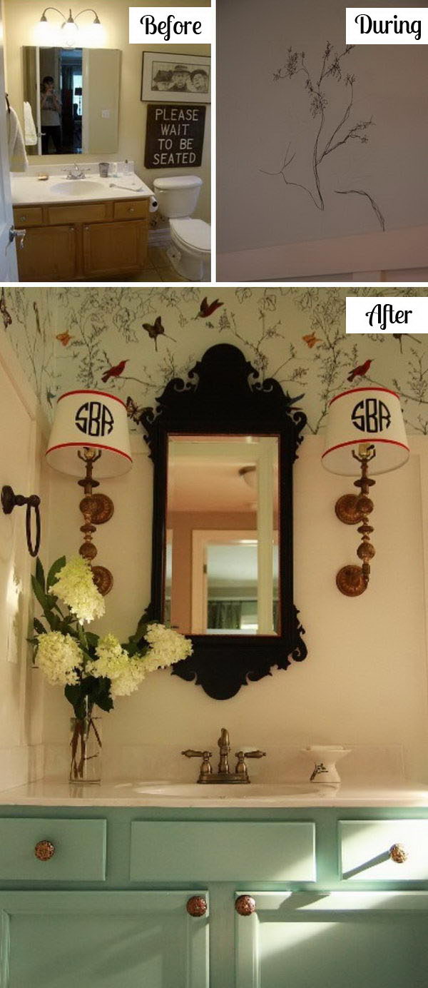 DIY Bathroom Makeover With Faux Wainscoting And Sharpie Art Wallpaper. 