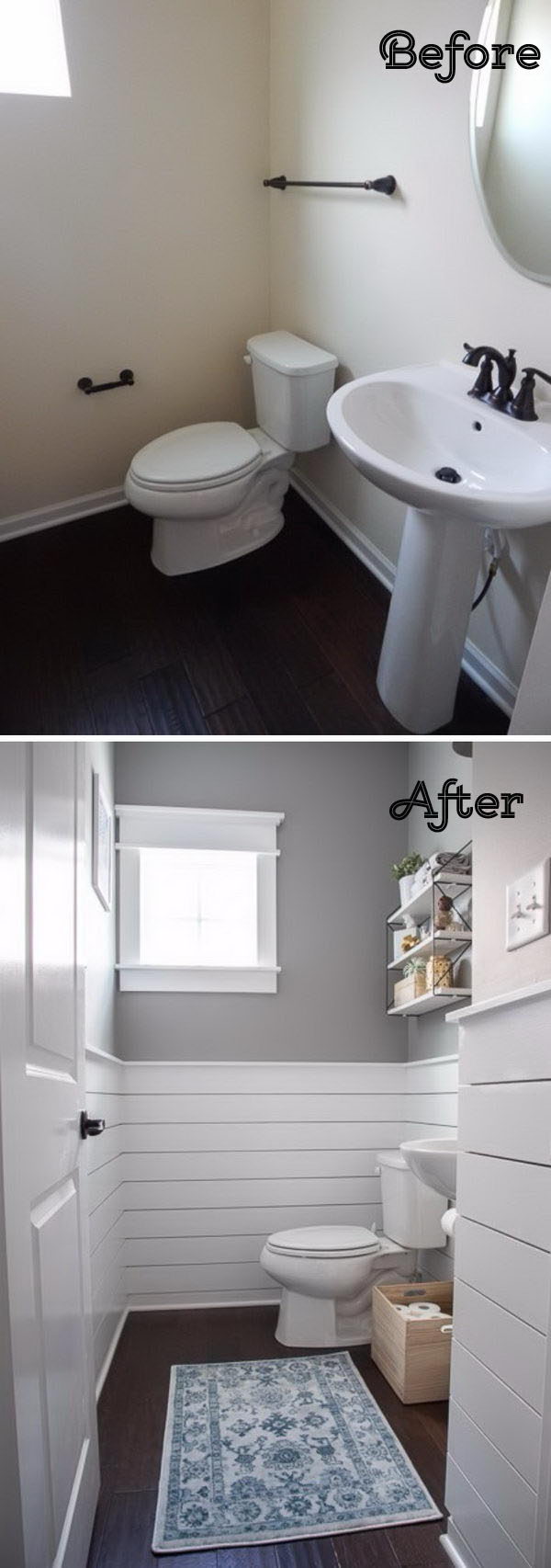 Update a Plain Bathroom By Making a Crisp Contrast Between The White Shiplap and The Light Gray Walls . 