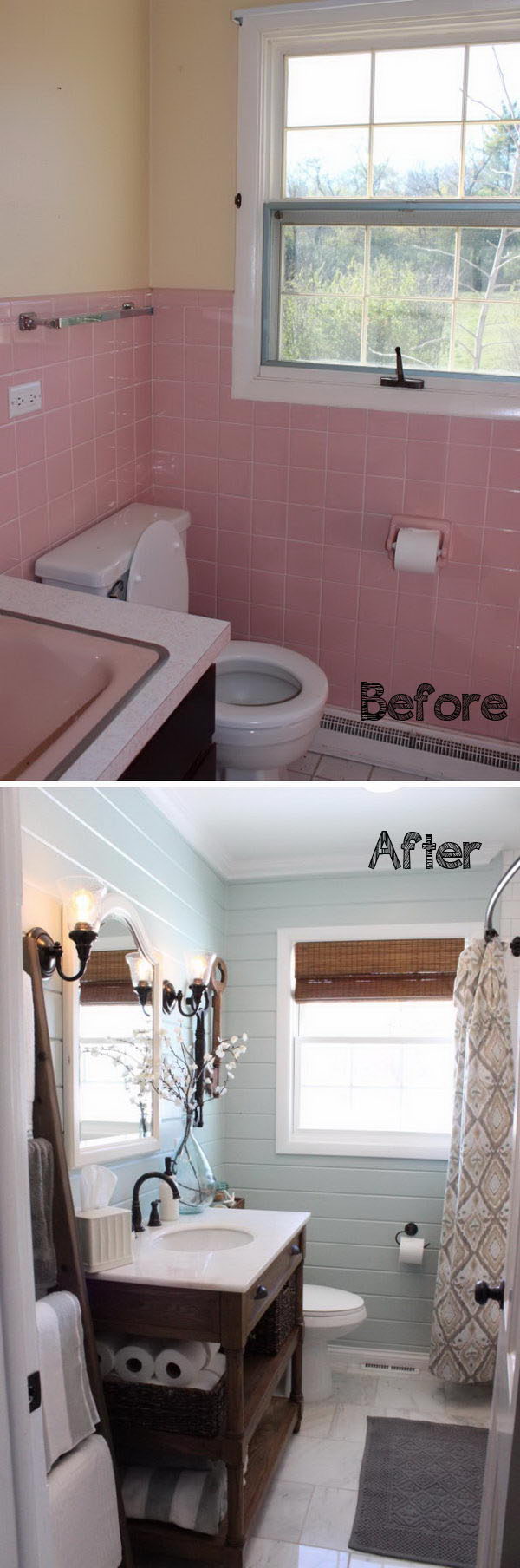 Blue Planked Walls with Crisp White Trim and Wood Details Bring in Farmhouse Style in This Bathroom Renovation . 