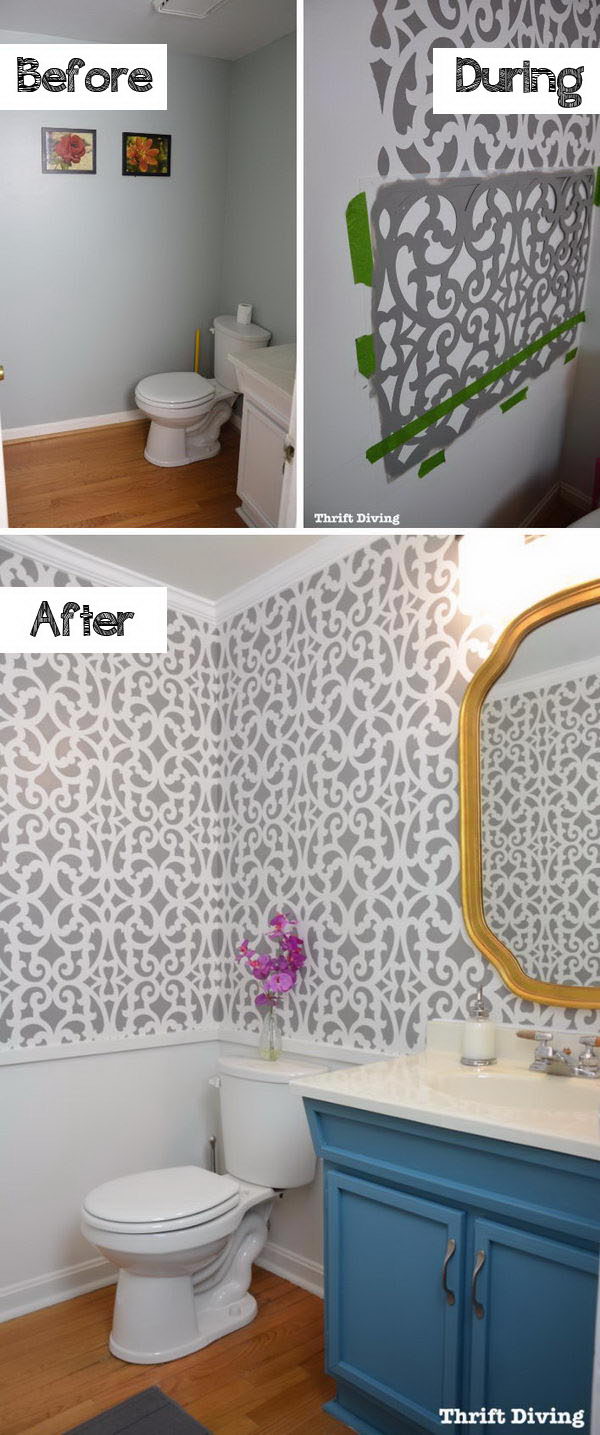 Freshen The Bathroom with Low-Cost Updates Including a Wall Stencil, Fresh Paint, New Lighting, and a Thrifted Mirror . 