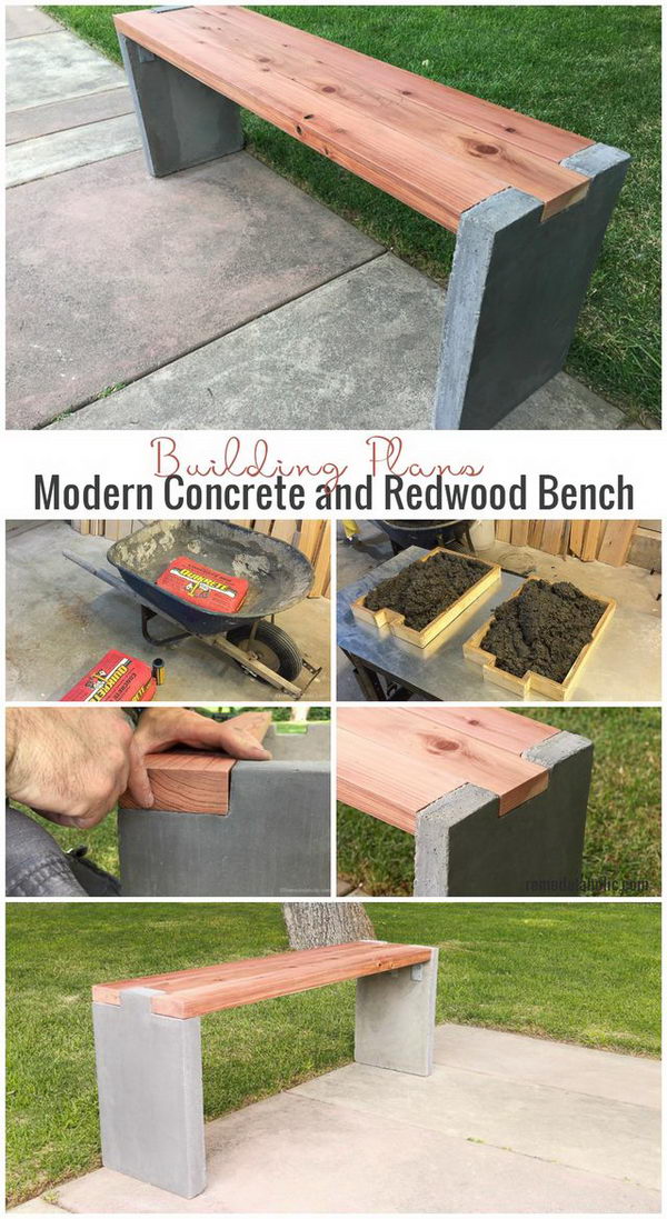DIY Wood and Concrete Slab Garden Bench. 