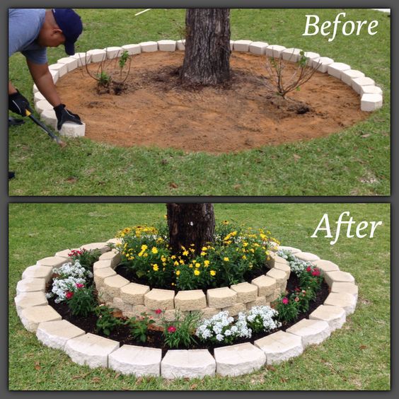 Spruce up Your Front Yard with Flower Bed around Tree. 