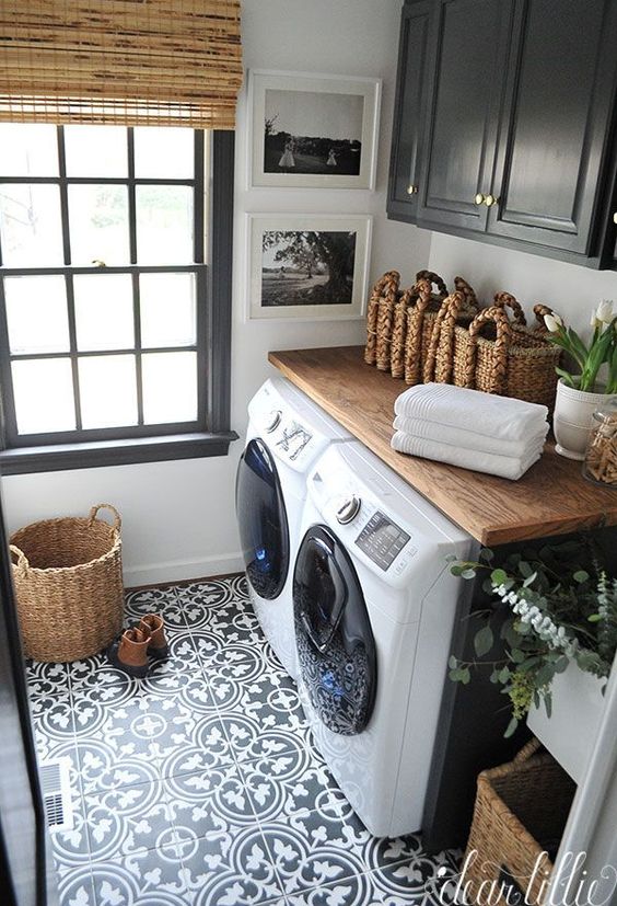 Natural White And Black Tile Floor For Laundry Room. 