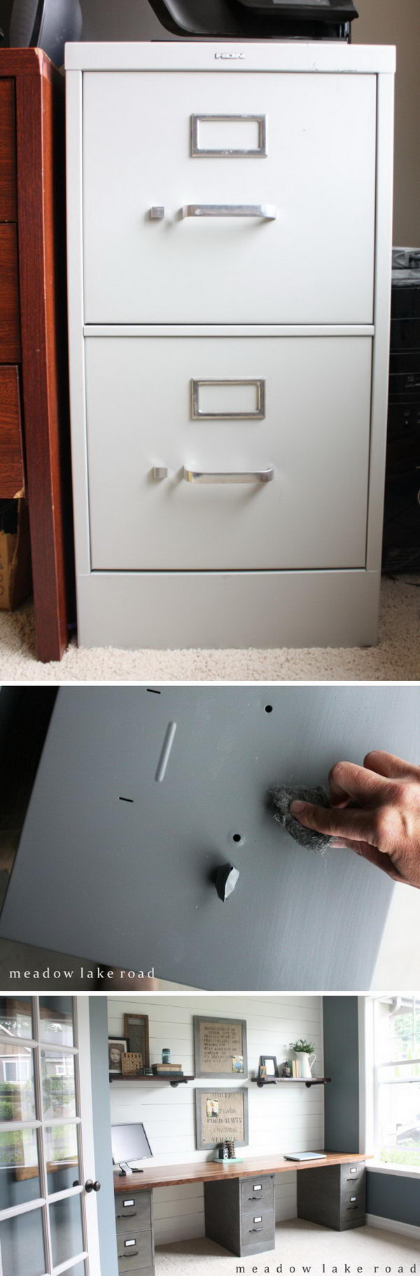 DIY Industrial Desk Made from Metal File Cabinets and Butcher Block Desk Top. 