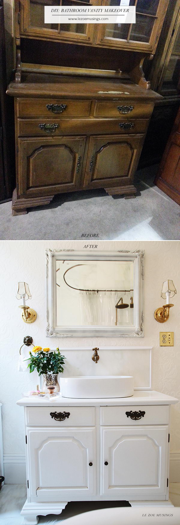 DIY Bathroom Vanity Makeover from a $40 Thrift Store Hutch. 