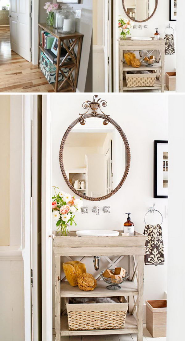 Bathroom Vanity Makeover From a DIY X-brace Console Table. 