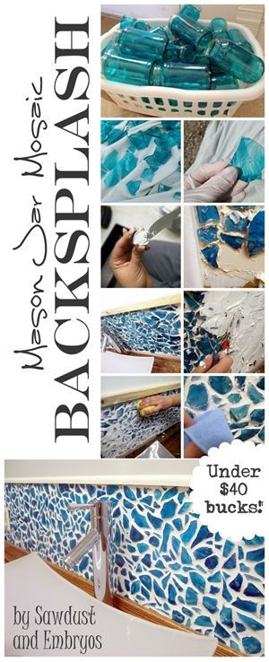 DIY Mason Jar Mosaic Backsplash Made From Broken Mason Jar Pieces. 