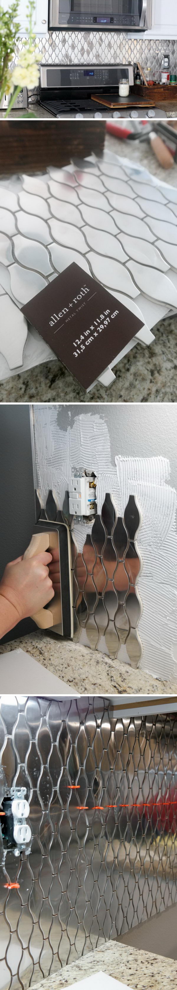 Beautiful Stainless Steel Mosaic Tile Kitchen Backsplash. 