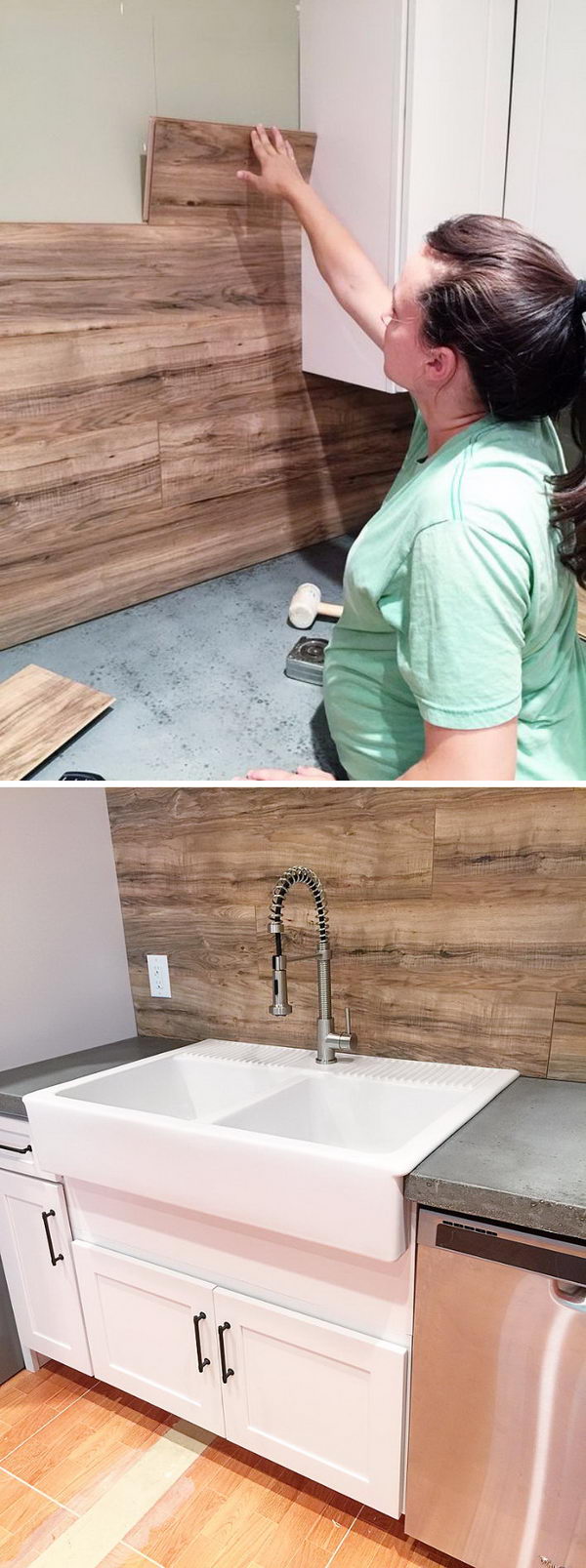 Laminate Flooring As Kitchen Backsplash. 