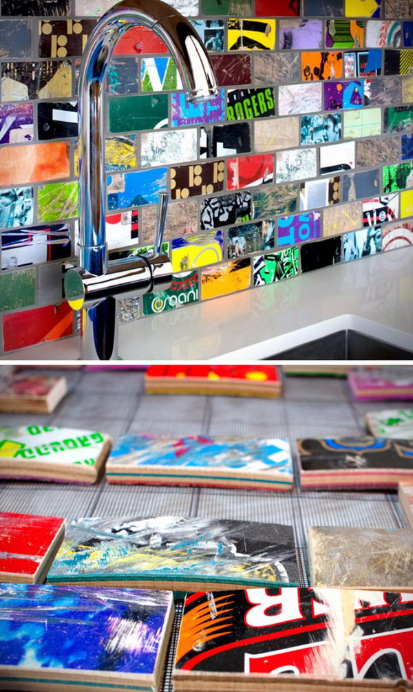 DIY Mosaic Tile Backsplash From Recycled Skateboard. 